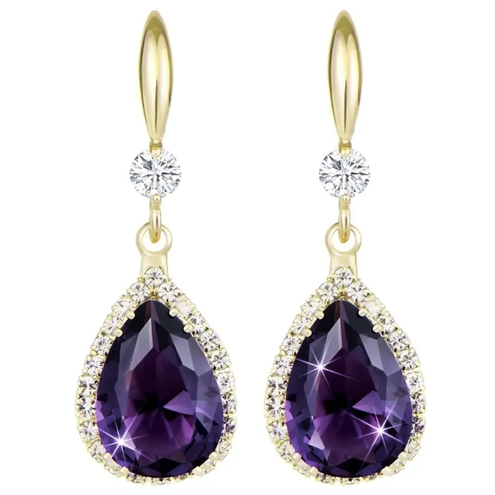 14K Yellow Gold and Purple Amethyst Cubic Zirconia Teardrop Hook Dangle Earrings